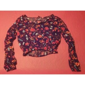 Hype womens L flower floral shirt top tie‎ neck elastic bottom & cuffs